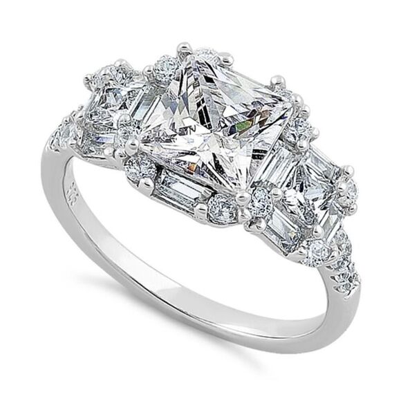 New Sterling Silver Classic Princess, Emerald & Round Cut Clear CZ Ring - Picture 1 of 3